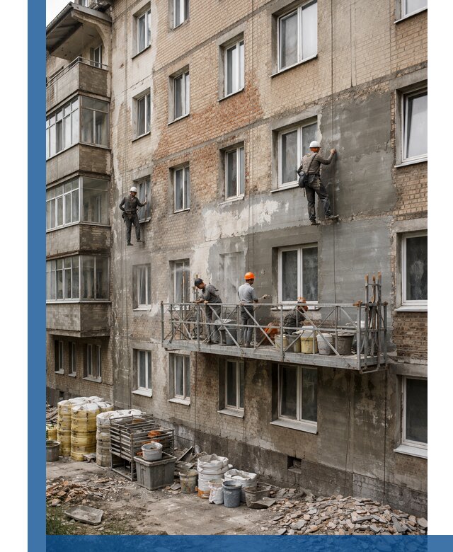 Капитальный ремонт фасада в Борисоглебске с восстановлением и гидроизоляцией