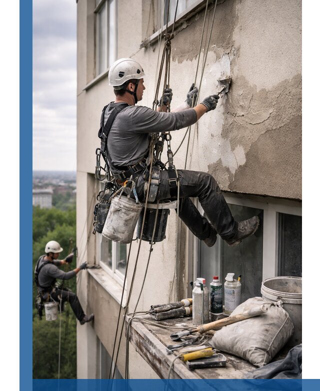 Косметический ремонт фасада зданий в Борисоглебске промышленными альпинистами