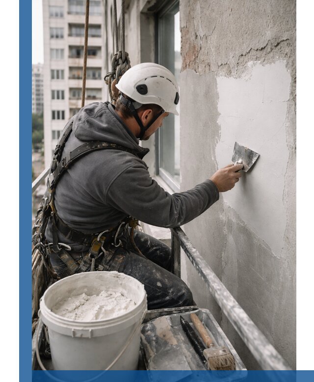 Шпаклевка фасадов на высоте с промальпинистами в Борисоглебске