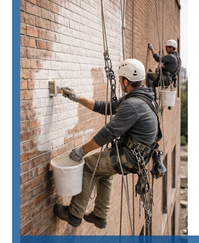 Покраска кирпичного фасада с доступным альпинистским сервисом в Борисоглебске