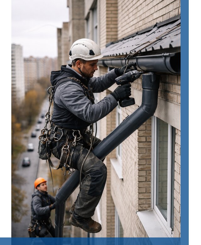 Монтаж водосточной системы на здании в Борисоглебске от 5202 р. | ВЫСОТНИК-Брс