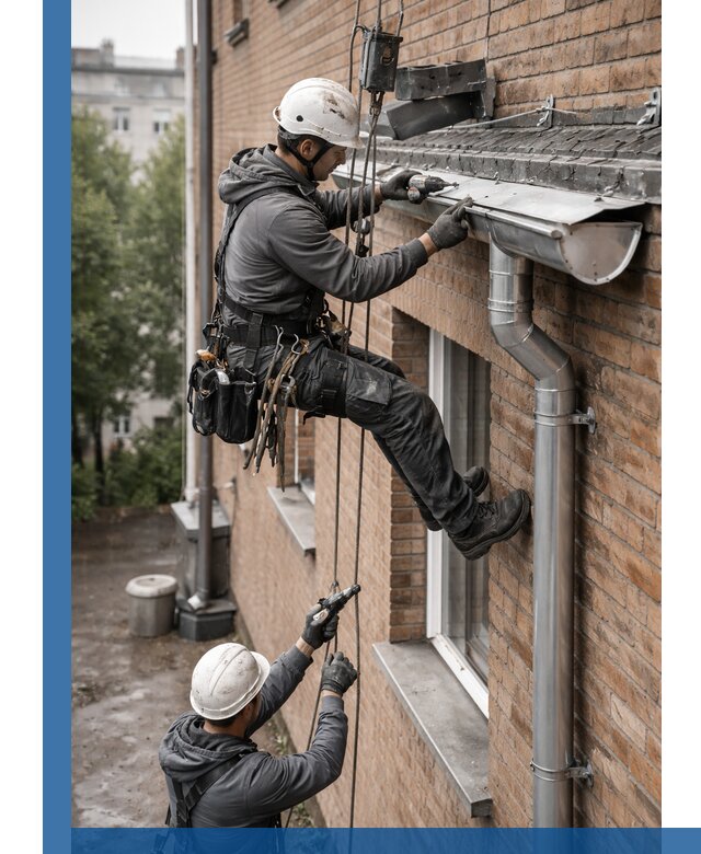 Монтаж водосточной системы на здании в Борисоглебске под ключ