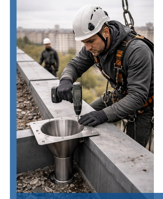 Монтаж водосточных воронок в Борисоглебске для промышленных зданий