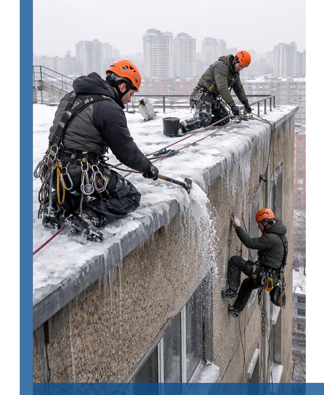 Удаление наледи с кровли в Борисоглебске промышленными альпинистами