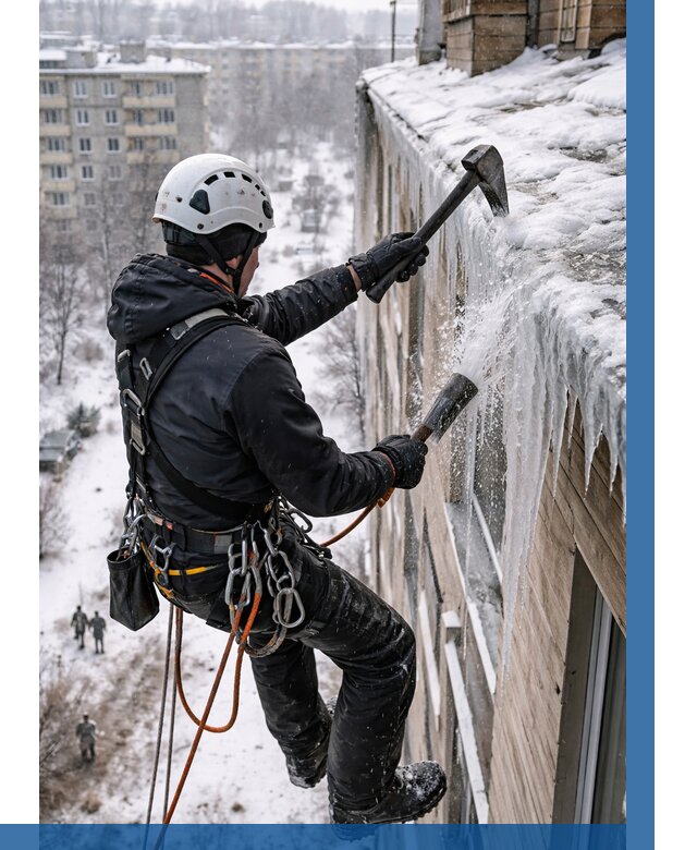 Сбивание сосулек с крыши в Борисоглебске по цене от 4682 р. | ВЫСОТНИК-Брс