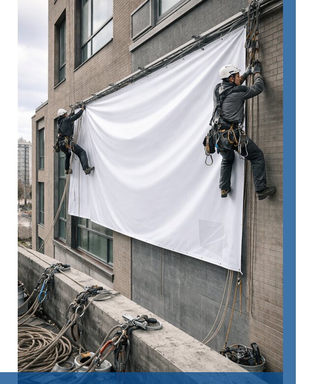 Монтаж баннеров на фасаде в Борисоглебске от 676 р. заказать ВЫСОТНИК-Брс