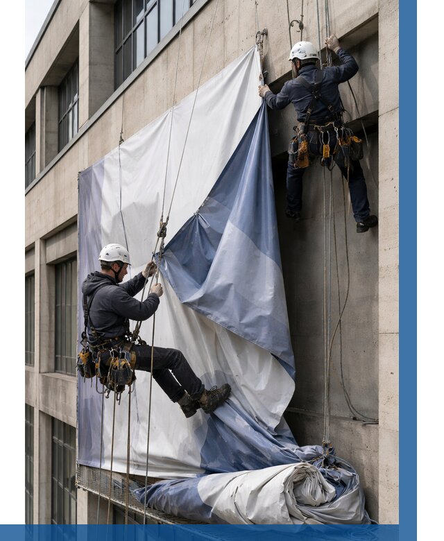 Демонтаж баннеров с фасада в Борисоглебске от 4682 р. | ВЫСОТНИК-Брс