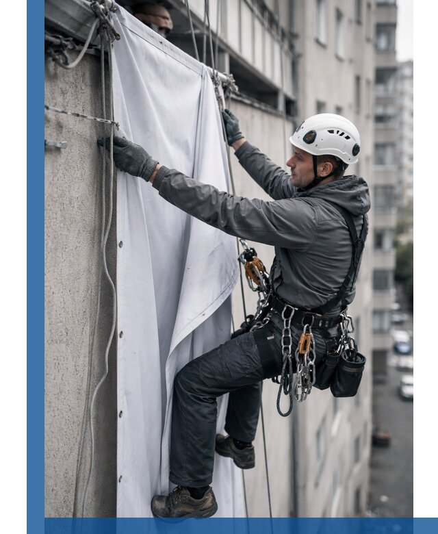 Замена баннерного полотна промышленными альпинистами в Борисоглебске