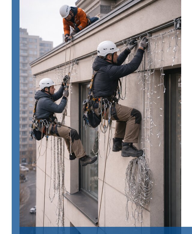 Монтаж праздничных гирлянд на фасаде в Борисоглебске для зданий