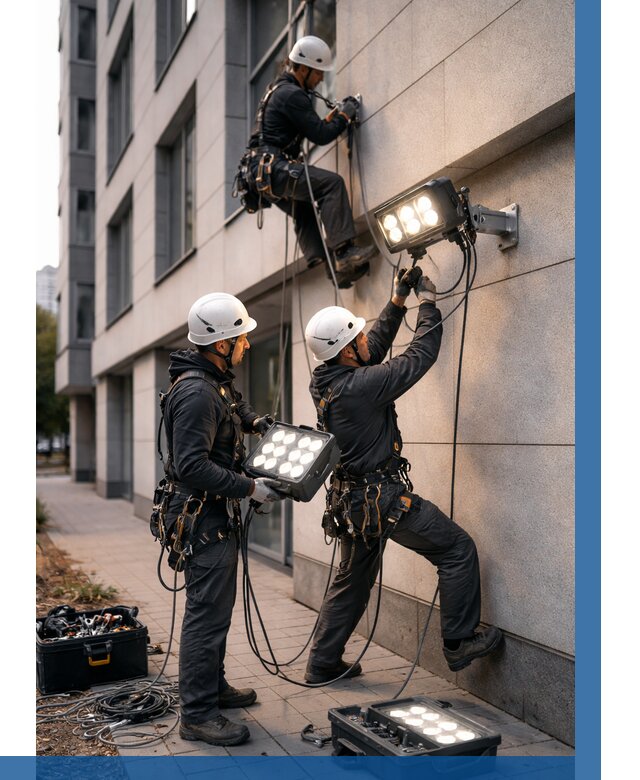 Монтаж прожекторов на фасаде в Борисоглебске от 7803 р. | ВЫСОТНИК-Брс