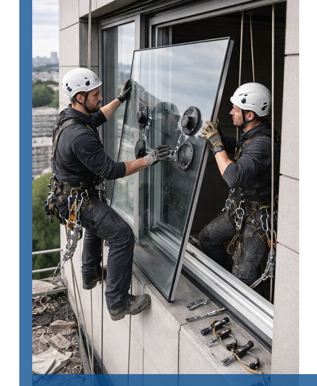 Замена стеклопакетов на высоте с промышленными альпинистами в Борисоглебске