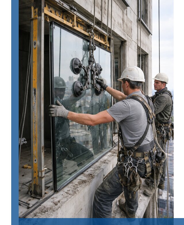 Монтаж стеклопакетов на высоте в Борисоглебске с промышленным альпинизмом