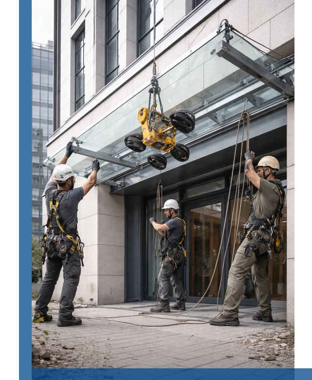 Монтаж стеклянных козырьков под ключ в Борисоглебске для зданий