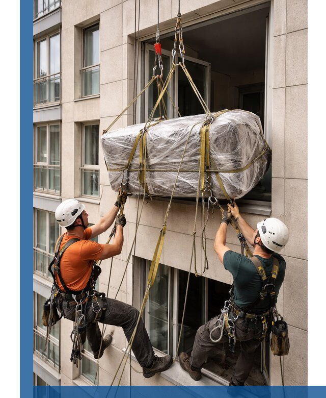 Подъем грузов через окно в Борисоглебске промышленными альпинистами