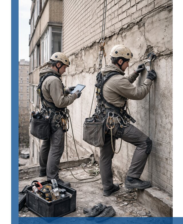 Обследование фасада промышленными альпинистами в Борисоглебске